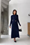 Women's Navy Blue Stylish Belted and Cuff Button Detailed Long Knit Dress - 2