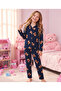 Girl's Cotton Buttoned Teddy Bear Patterned Navy Blue Color Long Sleeve Pajama Set