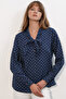 Women's Polka Dot Scarf Collar Blouse 40007 - Navy Blue - 3