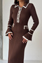 Women's Brown Polo Collar Buttoned Soft Ribbed Fabric Long Knitwear Dress - 5