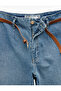 High Waist Cotton Belted Pocketed Short Wide Leg Jean Trousers - Wide Leg Jeans - 7