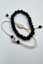 Cream Color Beige Ecru Paracord Rope Macrame Lock & Black Crimped Natural Stone Bracelet Set 2 Pieces