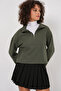 55449 Zippered Collar Knitted Sweatshirt - Khaki - 2