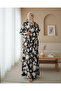 8018 Patterned Satin Double Set - Black
