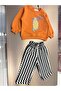 Children's Cotton Cat Printed Orange Sweatshirt and Sweatpants Set - 3
