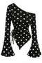 Polka Dot Long Sleeve Asymmetric Collar Draped Side Tie Blouse Top - 2