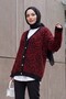 Leopard Pattern Buttoned Oversize Bearded Knitwear Cardigan -Red