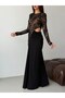 Black Lace Embroidered Waist-Cut Long Sleeve Dress - 5