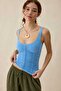 Baby Blue Gathered Detailed Strappy Bustier Blouse - 3