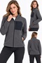 Women's Fleece Jacket with 3 Pockets, Detailed Front Panel, Ribbed Cuffs, Smoked Gray, Khaki, Navy Blue, Black