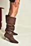 Z726105702 Brown Suede Thin Heeled Gathered Women's Boots - 3
