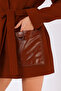 Red Brown Leather Garnished Cashmere Coat - 6