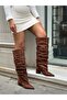 Brown Suede (Danke) Drawstring Detail Oversize Cut XL Wide Calf Mini Thick Heeled Boots - 2