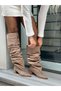 Mink Suede (Danke) Gathered Detail Oversize Cut XL Wide Calf Mini Thick Heeled Boots - 4