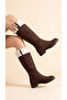 Women's Fur Detailed Suede Look Zippered Short Heeled Boots - 4