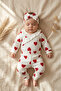 Baby Girl Red Heart Patterned Ribbed Cotton 3-Piece Set - Ruffled Double-Breasted Bodysuit, Pants and Headband
