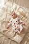Baby Girl Red Heart Patterned Ribbed Cotton 3-Piece Set - Ruffled Double-Breasted Bodysuit, Pants and Headband - 3