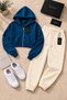 Women's Hooded Zippered Cropped Elastic Cuffed Sweatpants 3 Thread Rastered Set