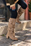 Pusi̇ Mink Suede 5 cm Heel Pulled-Up Cowbell-Style Above the Knee Boots - 4