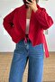 Red Shawl Collar Belted Double-Breasted Short Trench Coat, Coat Per9751 - 6