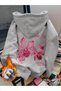 Women's Oversized Gray Floral Print Hooded Sweatshirt - 2