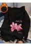 Women's Oversized Black Floral Print Hooded Sweatshirt