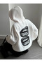 Women's Oversized White Lip Print Hooded Sweatshirt - 3