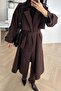 Brown Oversized Polyviscon Long Trench Coat with Shoulder Apollets 9476 - 5
