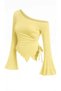Yellow Long Sleeve Asymmetric Collar Draped Side Tie Spring Autumn Blouse Top