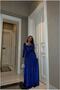 Square Neckline Evening Dress with Belt and Long Sleeves