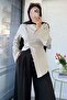Premium Side Buttoned Back Tie Blouse - Beige - 6