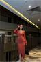 Double-Breasted Detailed Evening Dress with Stone Collar and Long Sleeves - 4