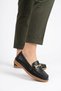 Mobey Front Buckle Saddler Genuine Leather Women's Shoes Black Skin