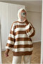 Women's Thick Striped Oversize Balloon Sleeve Crew Neck Knitwear Sweater 70 cm