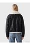 Black fur collar women's Leather-Look coat - 5