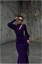 Glittery Maxi Low-Cut Evening Dress Fabric Dress with Degaje Collar - 3