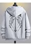 3 Thread Gray Wing Design Zippered Winter Cardigan - Printed Oversize Hooded Jacket