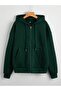 3 İplik Nefti Green Basic Plain Zippered Winter Cardigan - Oversize Hooded with Ribbon
