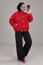 Women's Stand-Up Collar Bomber Denim Jacket with Snap and Hook Details in Red