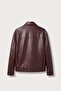 Men's Boxy Fit Leather Jacket with Metal Buckle in Burgundy - 2