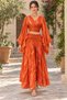 Orange Color Gold Detailed Silk Trousers and Blouse Set - 5