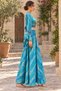 Turquoise Color Gold Detailed Silk Pants Blouse Set - 4