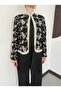 Women's Black Floral Embroidered Loose Fit Jacket with Judge Collar and Ribbon Detail - 7