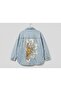 Oversized Denim Jacket with Floral Pattern on the Back, Signature Design and Glitter - Blue - 2