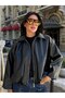Bomber Oversize Leather Jacket with Belt Detail