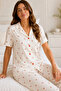 White Cherry Patterned Short Sleeve Shirt Collar Milan Fabric Women's Pajama Set - 2