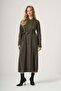 Belted Long Coat with Textured Panels - Khaki