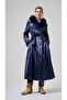 Glossy Belted Long Coat - Navy