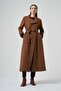 Belted Long Coat with Pleated Front Panel - Tan