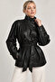 Women's Black Stand Collar Belted Stylish Soft Textured Lined Button Detailed Faux Leather Jacket - 3